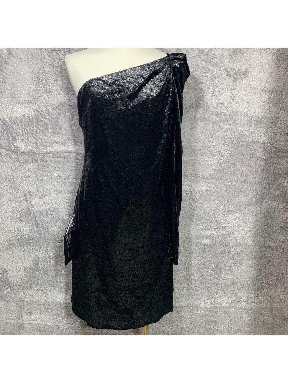 BCBGMAXAZRIA Dress Women 4 Black Metallic Velvet One Shoulder Cocktail Mini
